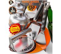 SMASHI® Smash Burger Kit Profesional Acero Inoxidable 304 Certificado EU Contacto Alimentos | Prensa Hamburguesas Smasher + 2 Espátulas Smash + 50 Papeles | El Auténtico Kit Smash Burger