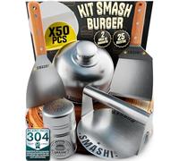 SMASHI® Smash Burger Kit Profesional Acero Inoxidable 304 Certificado EU Contacto Alimentos | Prensa Hamburguesas + 2 Espátulas con Mango de Madera + Accesorios | Incluye 25 Recetas (AVANZADO)