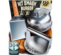 SMASHI® Smash Burger Kit Profesional Acero Inoxidable 304 Certificado EU Contacto Alimentos | Prensa Hamburguesas + Espátulas con Mango de Madera + Accesorios | Incluye 25 Recetas (Experto)