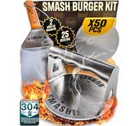 SMASHI® Smash Burger Kit Profesional Madera 4 Piezas Acero Inoxidable 304 Certificado EU Contacto Alimentos | Smasher + Espátula Mango Madera + 50 Papeles antiadherentes + 25 Recetas (BÁSICO)