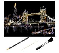 SMASOLO Kit Pintura para Raspar 4 Piezas Ciudad Nocturna Londres Tower Bridge Herramientas Bolígrafo Dorado Pincel Negro Palillo de Bambú para Manualidades y Dibujo Creativo