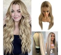 Smavida Peluca de cabello humano brasileño con encaje frontal para mujer, reflejos ceniza a rubio, cierre de 13 x 4, sin pegamento, lacio, suave, línea capilar brasileña prearrancada con abuelitos (#8
