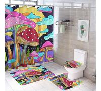 SMAZDFXX Abstract 70s Mushroom 4 Piece Shower Curtain Sets,Fantasy Outer Space Colorful Cartoon Flower Mushroom Non-Slip Rugs,Toilet Lid Cover and Bath Mat,Durable and Waterproof,for Bathroom Decor