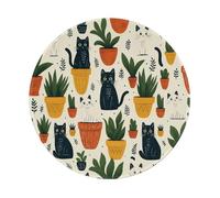 SMAZDFXX Alfombrilla de ratón Antideslizante Redonda con Estampado de Lindos Gatos Blancos y Negros y Plantas en macetas, Bordes cosidos, de Goma, 20 cm (8 Pulgadas)