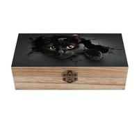 SMAZDFXX Caja de almacenamiento de madera vintage con tapa abatible, diseño de gato negro mirando a través de un agujero, organizador de joyas de madera natural para anillos, decoración del hogar