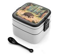 SMAZDFXX Fiambrera Bento Box de dos capas para adultos con cuchara y asa, de Porcupines in The Coniferous. Fiambrera hermética de una sola pieza, ideal para el trabajo, picnics y viajes.