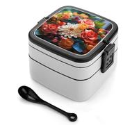 SMAZDFXX Fiambreras Bento Box con diseño de flores de colores, con cucharas, doble capa, portátiles, ideales para el trabajo, picnics y viajes.