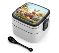 SMAZDFXX Fiambreras Bento de Pascua con forma de huevos de colores, con cucharas, doble capa, portátiles, ideales para el trabajo, picnics y viajes.