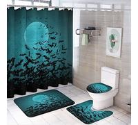 SMAZDFXX Horror Halloween 4 Piece Shower Curtain Sets,Vintage Night Scary Theme Full Moon Black Bats Non-Slip Rugs,Toilet Lid Cover and Bath Mat,Durable and Waterproof,for Bathroom Decor Set
