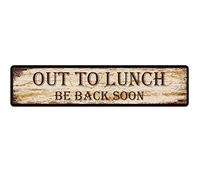 SMAZDFXX Letrero de hojalata vintage Out to Lunch Be Back Soon de 4 x 16 pulgadas para dormitorio, cocina, jardín, pared, pub, club, café, decoración colgante