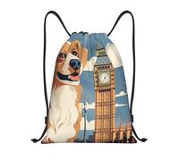 SMAZDFXX Mochila con cordón Bolsa deportiva para gimnasio Un perro sentado junto a un edificio y el Big Ben Bolsas con cordón para gimnasio Deportes Yoga Viajes Pequeñas