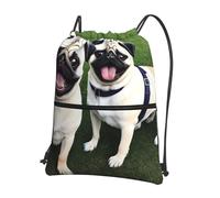 SMAZDFXX Mochila con cremallera y cordón de calidad, con imagen divertida de perro carlino feliz, ideal para actividades al aire libre, 15,3 x 18 pulgadas (largo x alto), color negro, talla única.