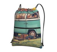 SMAZDFXX Mochila con cremallera y cordón de Happy Campers, de calidad fotográfica, ideal para actividades al aire libre, 39 x 46 cm (largo x alto), color negro, talla única.