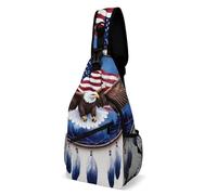 SMAZDFXX Mochila pequeña para hombre, bandolera, bolso de pecho de moda para viajes y senderismo, estilo bohemio, con diseño de bandera nativa americana, águila y atrapasueños.