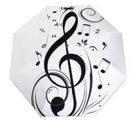 SMAZDFXX Paraguas negro con estampado de notas musicales, triple pliegue, con protección UV, compacto y elegante para llevar.
