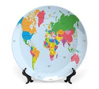 SMAZDFXX Plato decorativo de 8 pulgadas, plato de cena con mapa, decoración política colorida del mundo, Europa, América, Asia y África, plato de exhibición con estampado, plato hecho a mano