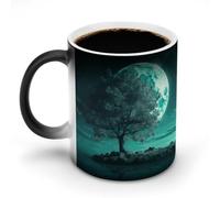 SMAZDFXX Taza de café con diseño de árbol verde azulado a la luz de la luna, de cerámica, novedosa y sensible, para té, café con leche, capuchino, leche y cacao.