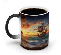 SMAZDFXX Taza de cerámica con diseño de barco pirata al atardecer que cambia de color y es sensible al calor, tazas de té personalizadas para uso diario.