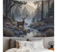 SMBHIAON Bosque Pinos Elk Stream- Tapiz - 150L X 130An Cm - Gran Tapiz - Adorno De Póster - Decoración - Papel Pintado - Paisaje Animales Bosque - Accesorio Divisor De Habitaciones
