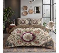 SMBHIAON Estilo Campestre Retro Francés Juego De Ropa Funda De Edredón De 260X220Cm + 2 Fundas De Almohada De 50X75Cm,Patrón Mandala Peonías Juego De Funda Nórdica De Microfibra con Cremallera, Beige