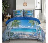 SMBHIAON Juego De Funda Nórdica Reversible Vista Ventana Al Mar En 3D Funda Edredon Cama 105 Ventanas Blancas Palmeras Fundas Nórdica 200X200Cm con 2 Fundas De Almohada Suave, Azul Claro
