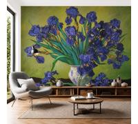 SMBHIAON Papel Pintado Flores Pintadas Al Óleo Estilo Vintage 400 × 280 Cm Fotomurales Para Pared 3D, Jarrón Iris Morado Papel Tapiz Pintado En Tejido De Seda - Amarillo Verdoso Mostaza