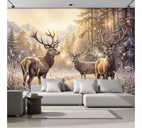 SMBHIAON Papel Pintado Panorámico De Pared, Animales Del Bosque Invernal, Ciervos Y Pinos, Póster Gigante De Pared Personalizado 3D Para Salón O Dormitorio, 250 × 175 Cm,Marrón