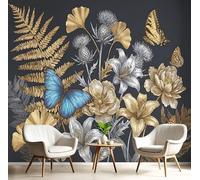 SMBHIAON Papel Pintado Panorámico De Pared, Arte Retro, Mariposas Flores Helechos, Póster Gigante De Pared Personalizado 3D Para Salón O Dormitorio, 450 × 315 Cm,Oro Y Plata