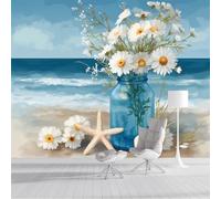 SMBHIAON Papel Pintado Panorámico de Pared, Escena De Playa, Frasco De Vidrio Azul Con Motivo De Margarita, Póster Gigante de Pared Personalizado 3D para Salón o Dormitorio, 200 × 140 cm,Azul Claro