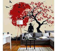 SMBHIAON Papel Pintado Panorámico De Pared, Flores Cerezo Japonesas, Silueta Un Samurái Japonés, Póster Gigante De Pared Personalizado 3D Para Salón O Dormitorio, 300 × 210 Cm,Rojo