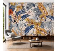 SMBHIAON Papel Pintado Panorámico de Pared, Plantas Tropicales, Dibujo Lineal Hojas Palma, Póster Gigante de Pared Personalizado 3D para Salón o Dormitorio, 350 × 256 cm,Color Naranja