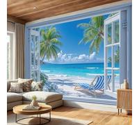 SMBHIAON Papel Pintado Panorámico de Pared, Vista De Ventana Al Mar En 3D, Ventanas Blancas Palmeras, Póster Gigante de Pared Personalizado 3D para Salón o Dormitorio, 150 × 105 cm,Azul Claro