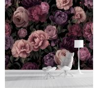 SMBHIAON Papel Tapiz Fotográfico 400 × 280 Cm Elementos Peonía Rosa | Decoración De Pared Sala Cuarto | Diseño Floral Retro-Elegante | Morado Oscuro