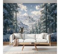 SMBHIAON Papel Tapiz Fotográfico Animales Salvajes Patrón Zorro 450 × 315 Cm Fondo De Pantalla Xxl, Bosque Pinos Escena Castillo Decoración De Pared Sala Cuarto Oficina Salón, Verde Claro