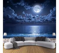 SMBHIAON Papel Tapiz Fotográfico Elementos Luna Llena En El Cielo Nocturno 250 × 175 cm Fondo De Pantalla Xxl, Escena Nocturna Océano Azul Decoración De Pared Sala Cuarto Oficina Salón, Azul Marino