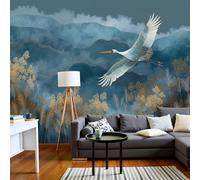 SMBHIAON Papel Tapiz Fotográfico Patrón De Grulla Blanca Y Caña 200 × 140 Cm Fondo De Pantalla Xxl, Pintura De Paisaje Decoración De Pared Sala Cuarto Oficina Salón, Azul Claro