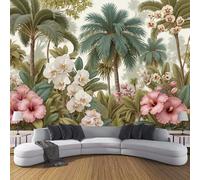 SMBHIAON Papel Tapiz Fotográfico Patrones Palmeras Verdes Y Orquídeas 250 × 175 cm Fondo De Pantalla Xxl, Ilustraciones Plantas La Selva Decoración De Pared Sala Cuarto Oficina Salón, Verde Oliva