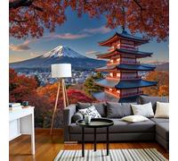 SMBHIAON Papel Tapiz Fotográfico Rojo Pagoda Patrón Monte Fuji 400 × 280 Cm Fondo De Pantalla Xxl, Paisaje Tradicional Japonésdecoración De Pared Sala Cuarto Oficina Salón, Rojo