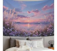 SMBHIAON Pastizales Juncos- Tapiz - 230L X 180An Cm - Gran Tapiz - Adorno De Póster - Decoración - Papel Pintado - Campos Flores Atardecer Junto Al Mar - Accesorio Divisor De Habitaciones