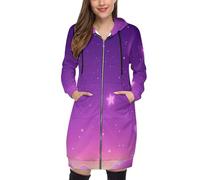 SMBHIAON Sudadera Larga con Capucha Y Cremallera para Mujer - Nubes De Estrellas Rosas Abrigo Otoño Invierno Talla Grande Hoodie con Cordón Y Bolsillos,Estampado Cielo Morado S-5Xl