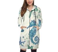 SMBHIAON Sudadera Mujer con Capucha Y Cremallera Larga - Hoodie con Patrón Estrella Mar Y Caballito Mar Estampado Y Bolsillos,Tema del Océano Chaqueta con Capucha para Otoño E Invierno,Tallas S-5Xl