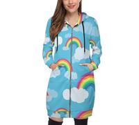 SMBHIAON Sudadera Mujer Larga con Capucha Y Cremallera - Hoodie con Estampado Patrón De Nubes Arcoíris, Bolsillos Cordón Ajustable, Tallas S-5Xl, Casual Otoño Invierno,Azul Cielo