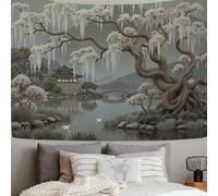 SMBHIAON Tapiz Jardines Clásicos Orientales Templos Antiguos Flores Árboles Antiguos, Tapices Extra Grandes Para Hogar Oficina Dormitorio Decoración Interior Y Exterior 100L X 75An Cm,Blanquecino
