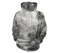 SMBHIAON Unisex Escena De Selva Tropical 3D Hoodie Hombre Mujer Sudadera con Capucha Palmeras Y Montañas Casual Manga Larga Pullover Sweatshirt con Bolsillos,Gris