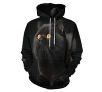 SMBHIAON Unisex Lindo Patrón De Animal 3D Hoodie Hombre Mujer Sudadera con Capucha Gato Británico De Pelo Corto Casual Manga Larga Pullover Sweatshirt con Bolsillos,Negro