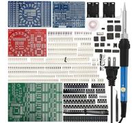 SMD/SMT - Kit de práctica de soldadura para principiantes - 4 placas de entrenamiento PCB (azul/rojo/verde + azul pequeño), cubiertas 1206/0805/0603/0402, soldador de 60 W, 2 cajas de batería