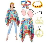 Smdbzda Disfraz Hippie para Mujer, Disfraz de Discoteca de Años 60 y 70, Set de Accesorios de Disfraz de Hippie Poncho Diadema Gafas de Sol Collar Pendientes, para Carnaval Disco Halloween