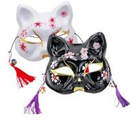 SMELEYOU 2 máscaras de gato estilo japonés Kabuki máscara de Halloween 7.3 x 6.9 pulgadas PVC media cara gato con borlas y campanas blanco disfraz anime para Halloween Cosplay fiesta de disfraces
