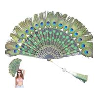 SMELEYOU Abanico de Mano con Plumas de Pavo Real exquisitamente elaborado, diseño Art Déco Plegable con Plumas de marabú para Fiestas Vintage, Elegante decoración del hogar, Verde