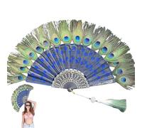 SMELEYOU Abanico de Plumas de Pavo Real, Abanico de Mano Plegable para decoración Vintage, Elegante Accesorio de Disfraz, diseño Art Deco, Azul Zafiro
